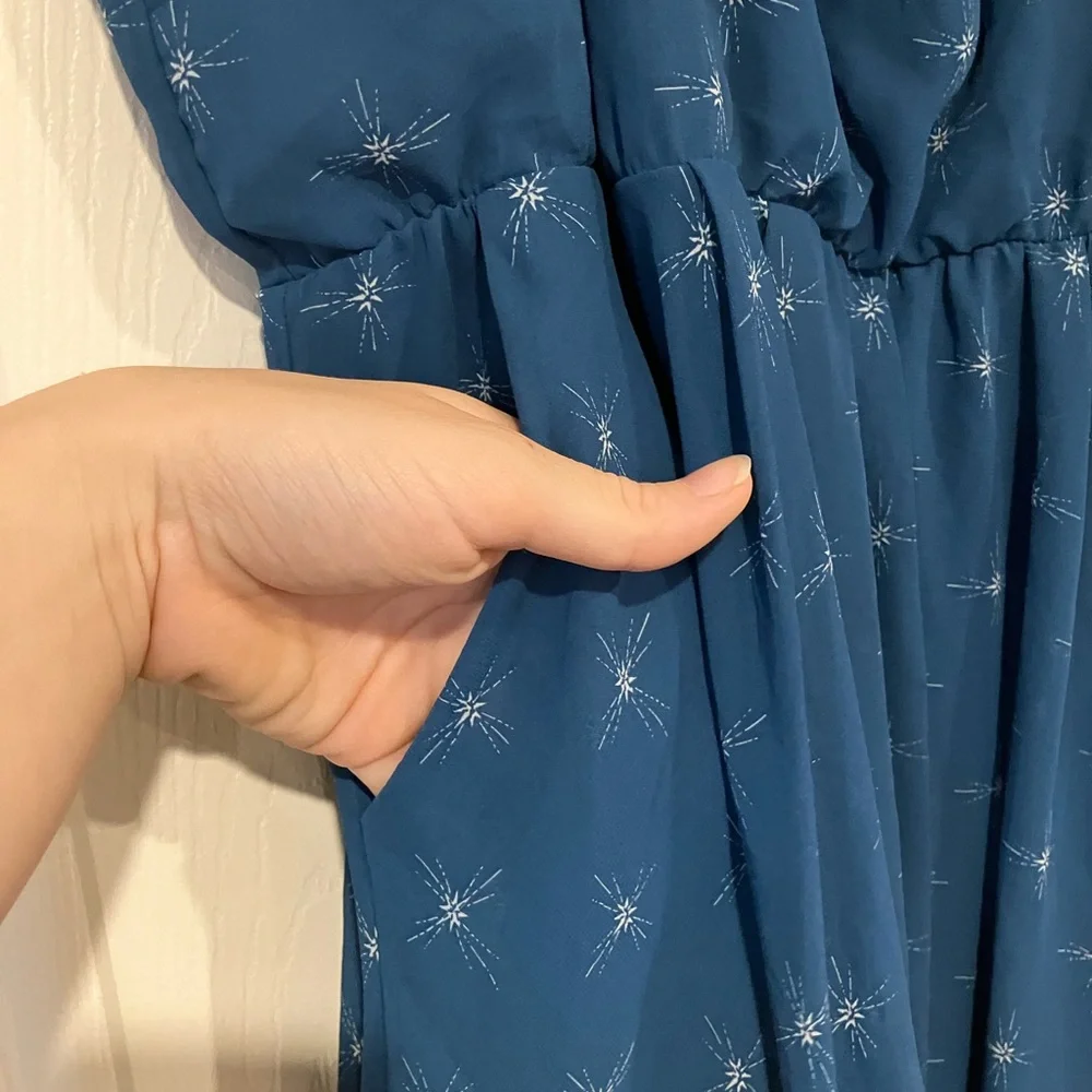 Torrid Midi Chiffon Pleated Dress Pockets Teal Starburst Flowy Elegant 4 4X 26 - Picture 7 of 16